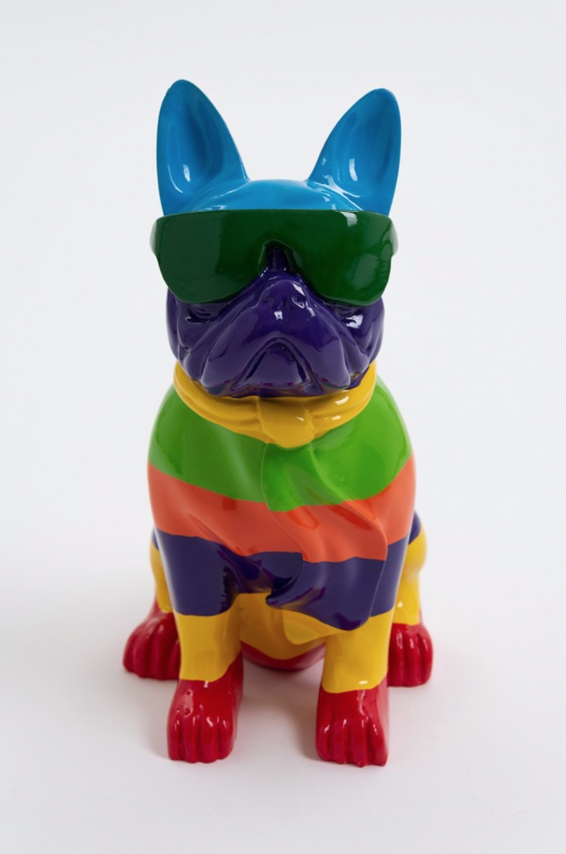 Französische Bulldogge sitzend mit Brille bunt bemalt Gartenfigur bis 120 cm